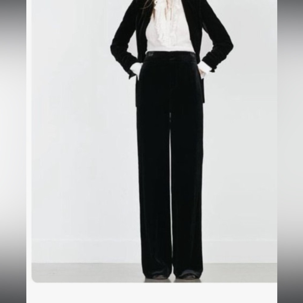 Zara Black Velvet Wide Leg Flare Trouser Pants XL